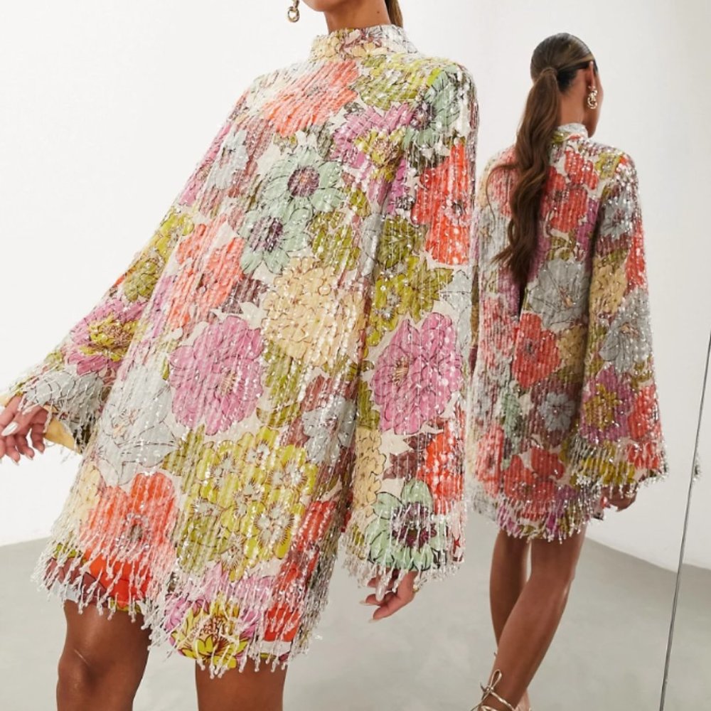 ISO ASOS EDITION bright floral print and sequin high neck mini dress with fringe